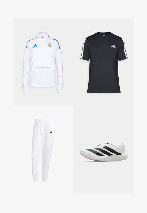 White athletic pullover with long sleeves, half-zip collar, and blue accents. Features the Real Madrid crest and Adidas logos. Smooth texture.; Black T-shirt made of cotton with short sleeves, featuring white stripes on the shoulders and a white logo on the left chest.; White athletic pants made of smooth fabric, featuring an elastic waistband and fitted cuffs, with a black logo on the back pocket.; Lightweight running shoes in pale blue with black stripes. Features a smooth upper, round toe, and thick white midsole labeled "LIGHTSTRIKE PRO."