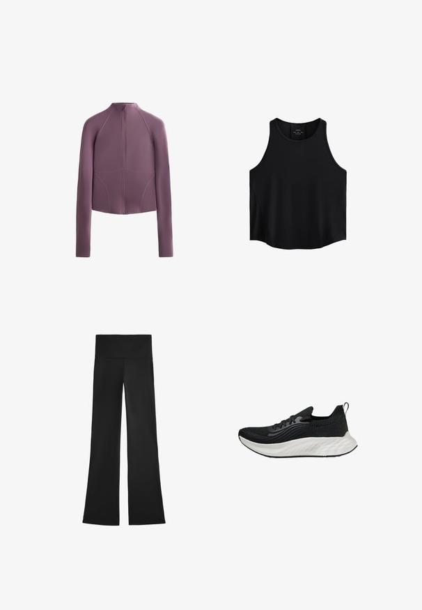 Feszes, hosszú ujjú, cipzáras dzseki puha mályva színű anyagból. Laposan varrott varrásokkal és magas gallérral rendelkezik, modern, időtálló siluettel.; Fekete ujjatlan felső sima anyagból, lekerekített nyakkivágással, egyenes szabással és oldalsó panelekben diszkrét textúrával.; Fekete, harang szabású nadrág rugalmas anyagból, magas derékkal és sima felülettel, látható minták vagy fémrészletek nélkül.; Fekete sportcipő texturált felsőrésszel, fehér párnázott talppal és diszkrét logóval. Húzófül és fűzős záródás jellemzi.