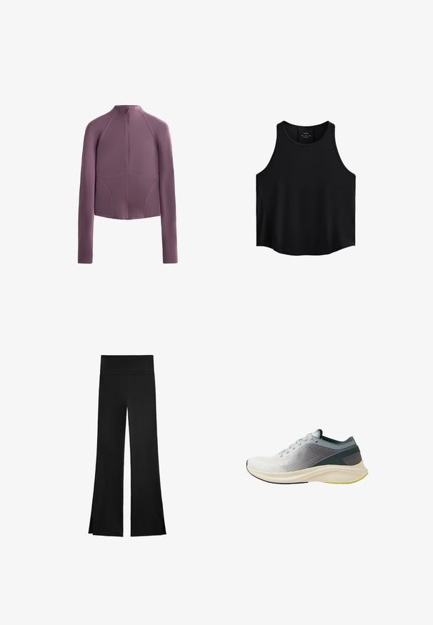 Jachetă ajustată, cu mâneci lungi, cu fermoar, dintr-un material moale de culoare mauve. Prezintă cusături plate și un guler înalt, având o siluetă modernă, bine structurată.; Top negru fără mâneci, realizat dintr-un material neted, cu un decolteu rotund, croială dreaptă și panouri laterale cu o textură discretă.; Pantaloni negri cu un design evazat, având un talie înaltă și slits laterale pentru o mișcare ușoară. Fabricat dintr-un material neted și elastic.; Pantofila de alergare ușoară, cu un superior texturat din plasă gri și alb, talpă flexibilă și un accent verde lime pe talpa exterioară.