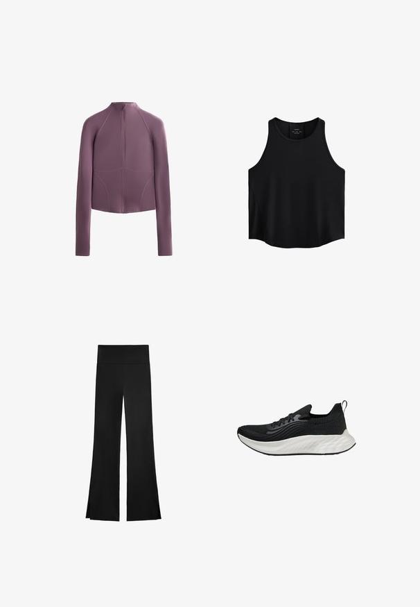 Getailleerde, lange mouwen, ritssluiting jas van zachte mauve stof. Kenmerken zijn platte naden en een hoge kraag, met een gestructureerde, moderne silhouet.; Zwarte mouwloze top van gladde stof, met een ronde halslijn, rechte snit en zijpanelen met een subtiele textuur.; Zwarte broek met een wijd beenontwerp, voorzien van een hoge tailleband en zijsplitten voor gemakkelijke beweging. Gemaakt van een gladde, rekbare stof.; Zwarte sportieve schoen met een gestructureerde bovenkant, een witte gewatteerde zool en subtiele branding. Voorzien van een trekhaak en vetersluiting.