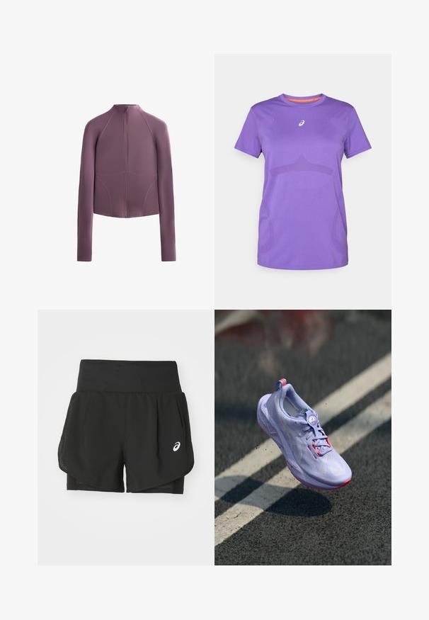 Muokkaava, pitkähiha, vetoketjullinen takki pehmeästä mauve-kankaasta. Sisältää litteät saumat ja korkean kauluksen, joissa on jämäkkä, moderni siluetti.; Violetti urheilupaita, joka on valmistettu hengittävästä kankaasta. Siinä on pyöreä kaula-aukko, lyhyet hihat ja hillitty sävykuvio etupuolella.; Mustat urheilushortsit, joissa on hengittävä verkkopinta, sisäshortsit sileällä pinnalla ja valkoinen logo vasemmalla puolella.; Vaaleanlila juoksukenkä, jossa on teksturoitu yläosa, vaaleanpunaisia aksentteja, pyöreä nauhoitusmekanismi ja pilkullinen pohja, kohoaa asfalttitaustan ylle.