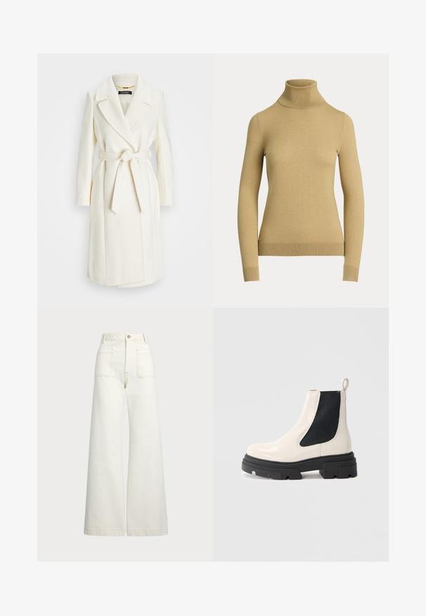 Bílý kabát z vlněné směsi s páskem v pase, klopovými límci a dlouhými rukávy; má hladký, strukturovaný povrch a střední délku.; Svetr s vysokým límcem v světle béžové barvě, vyrobený z hladkého, měkkého úpletu. Má dlouhé rukávy a přiléhavý střih s žebrovaným lemem.; Džíny s širokými nohavicemi v off-white denim. Vysoký pas s knoflíkovým zapínáním, dvě přední kapsy a detaily kontrastního šití.; Krémová kožená Chelsea obuv s masivní černou podrážkou a černými elastickými bočními panely na jednoduchém bílém pozadí.