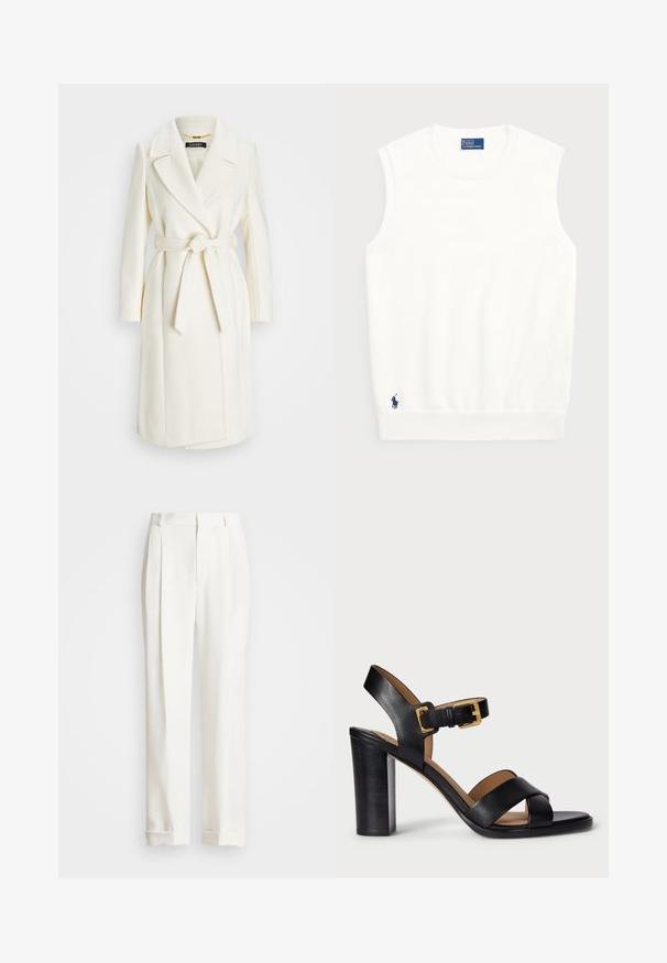 Bela volna mešanica plašča z pasom, z zavihki in dolgimi rokavi; ima gladko, teksturirano površino in srednje dolžino.; Bela brezrokavna jopica iz gladkega bombaža, z ribastim robom in majhnim mornarsko modrim logotipom na spodnjem levem delu. Preprost dizajn, brez vzorcev.; Bele prilagojene hlače z dvema sprednjima nabirki, ravnega kroja in prepognjenimi robovi. Narejene iz gladkega blaga, z klasičnim dizajnom.; Črne usnjene sandale s peto z zasnovo križnih trakov in zaponko. Imajo masivno peto in gladko teksturo.