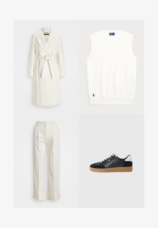 Casaco branco em mistura de lã com cintura cingida, lapelas recortadas e mangas longas; apresenta um acabamento liso e texturizado e um design de comprimento médio.; Sweater branco sem mangas, feito de algodão liso, com uma bainha canelada e um pequeno logotipo em navy na parte inferior esquerda. Design simples, sem padrões.; Calças brancas sob medida com cintura alta, pregas frontais duplas e pernas largas com punhos dobrados. Feitas de um tecido liso e texturizado.; Sapatilhas de couro preto e camurça com sola de borracha castanha-clara. Apresenta atacadores brancos e pequenos furos nas laterais. Logótipo da Michael Kors presente.