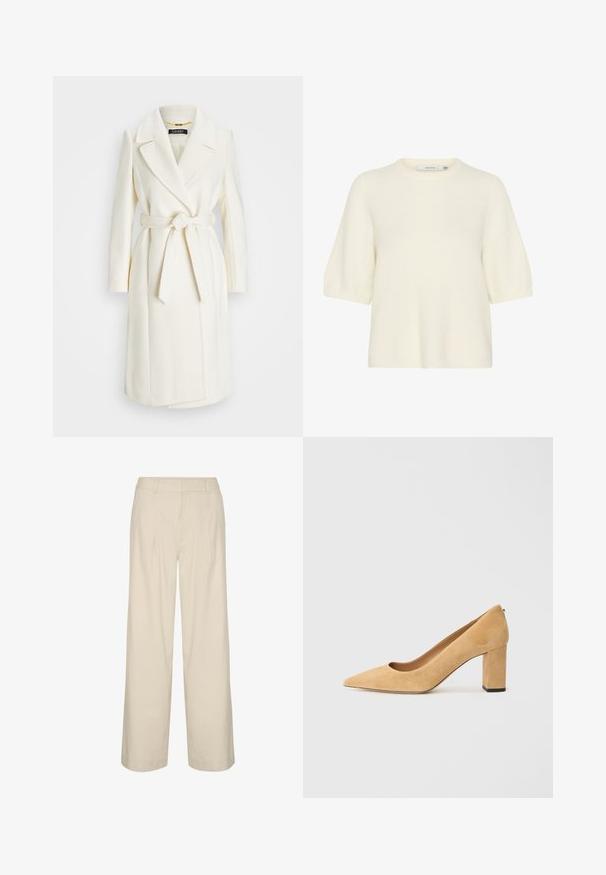 Cappotto in misto lana bianca con vita regolabile, colletto a risvolto e maniche lunghe; presenta una finitura liscia e strutturata e un design di lunghezza media.; Maglione a maniche corte e collo rotondo realizzato in materiale morbido e soffice di colore bianco sporco. Presenta una vestibilità rilassata con polsini e orlo a coste.; Pantaloni beige a gamba larga in misto lino, dotati di vita alta, pieghe e una texture liscia. Nessuna hardware o motivo visibile.; Pump beige in suede con tacco alto, punta affilata e tacco a blocco massiccio. Il materiale ha una consistenza morbida con una finitura liscia.