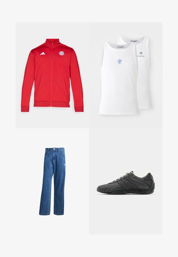 Chaqueta deportiva roja con cuello alto, cremallera completa, con el logo blanco de Adidas y el emblema del Bayern de Múnich. Textura suave y diseño ajustado.; Dos camisetas sin mangas blancas, con textura acanalada, que presentan logotipos bordados en azul y verde. Una tiene un diseño de sol y la otra de una palmera.; Vaqueros de mezclilla anchos de talle alto en azul, con bolsillos frontales, presillas para cinturón, cierre de botón y pequeño logo de Adidas en el muslo derecho.; adidas Originals ADIRACER UNISEX - Zapatillas - core black/cream white