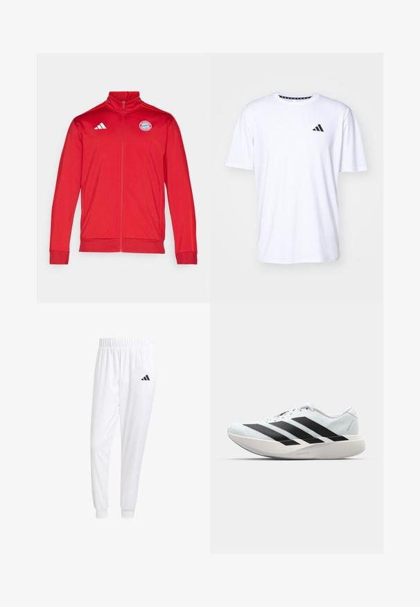 Sarkanais sporta jaku ar augstu apkakli, pilnu rāvējslēdzēju, ar baltu Adidas logotipu un Bavārijas Minhenes emblēmu. Gluda tekstūra un pieguļošs dizains.; Balta īsām piedurknēm T-kreklu, kas izgatavots no auduma ar gludu tekstūru. Tam ir melns adidas logo kreisajā krūtī un rakstains apkakles dizains.; Baltas sporta bikses, kas izgatavotas no gludas auduma, ar elastīgu jostu un pieguļošiem uzmavām, ar melnu logotipu aizmugurējā kabatā.; Gaiši zili vieglie skriešanas apavi ar melniem svītrainiem. Iezīmēti ar gludu augšpusi, apaļu purngalu un biezāko balto vidējo zoli, kurā ir uzraksts "LIGHTSTRIKE PRO."