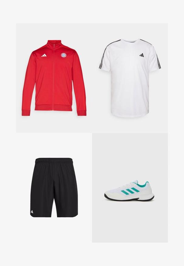 Punainen urheilutakki, jossa on korkea kaulus ja täysivetoketju, jossa on valkoinen Adidas-logo ja Bayern Münchenin tunnus. Tasainen pinta ja kapea malli.; Valkoinen T-paita, joka on valmistettu puuvillasta ja jossa on pyöreä pääntie, lyhyet hihat ja mustat kolmonauha-akcentit hartioilla; sisältää pienen mustan logon.; Mustat urheilushortsit, joissa on joustava vyötärö. Valmistettu kevyestä kankaasta, jossa on hienovarainen rakenne ja pieni valkoinen logo.; Valkoinen urheilukenkä turkooseilla yksityiskohdilla, verkkomateriaali ylhäällä, kolme vierekkäistä raitaa sivuissa, rakenteellinen kanta ja musta kumipohja.