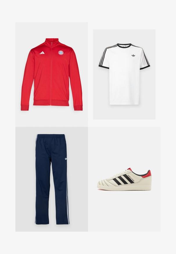 Piros sportdzseki magas gallérral, teljes cipzárral, fehér Adidas logóval és Bayern München emblémával. Sima textúra és keskeny szabás.; Fehér pamut póló fekete bordázott nyakkivágással és ujjakkal, mindkét vállán három fekete csíkkal és egy kis logóval a mellrészén.; Tengerészkék sportnadrág rugalmas derékpánttal, fehér oldalsávokkal és bal combon hímzett logóval. Simább anyagú textúra.; Krém színű bőr sportcipők fekete csíkokkal, piros sarokdíszítéssel és texturált részletekkel. Gumi talppal és fűzős záródással rendelkezik.
