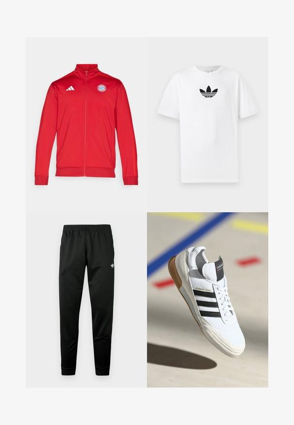 Crvena atletska jakna s visokim ovratnikom, punim zatvaračem, s bijelim Adidas logotipom i emblemu Bayerna iz Münchena. Glatka tekstura i prilagođen dizajn.; Bijela pamučna majica s crnim Adidas logom u centru. Kratki rukavi i dizajn s okruglim izrezom. Glatka tekstura.; Crne sportske hlače s elastičnim pojasom, suženim nogavicama i bijelim logotipom sprijeda. Glatka, lagana tkanina.; Bijela Adidas Mundial Goal tenisica s crnim prugama i gumiranim potplatima, prikazana u zraku iznad sportske podloge s obojenim linijama.