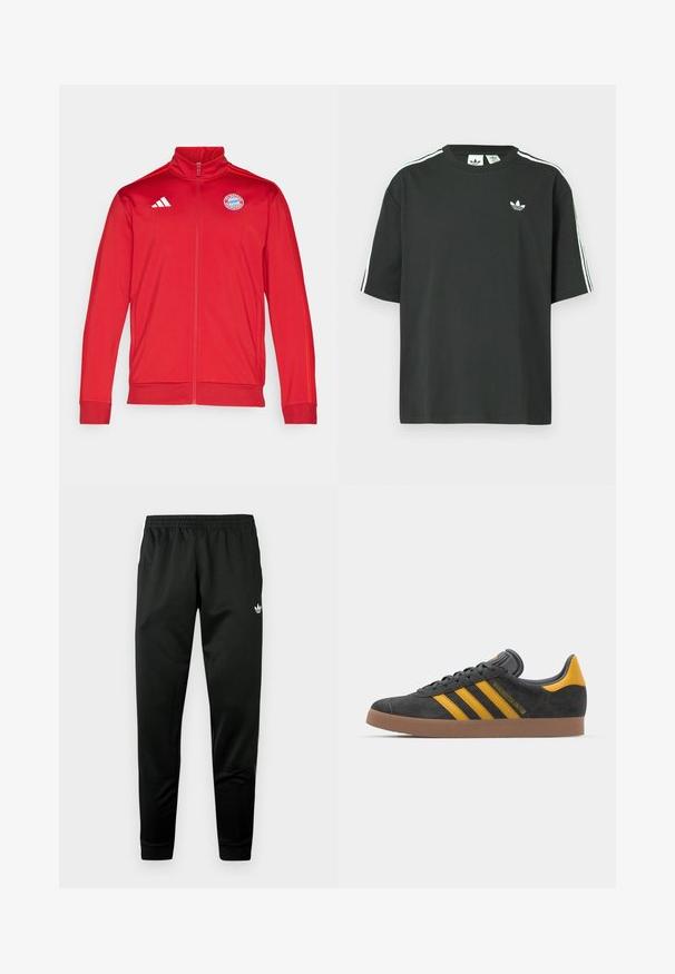 Jachetă sport roșie cu guler înalt, fermoar complet, cu logo-ul alb Adidas și emblema Bayern Munchen. Textură netedă și design aderent.; Tricou negru din bumbac cu mâneci scurte, guler rotund și detalii albe cu trei dungi pe umeri. Prezintă un logo mic alb pe piept.; Pantaloni atletici negri cu talie elastică, picioare conice și accente cu logo alb pe partea din față. Material neted, ușor.; Tenisi negri din suede cu accente galbene, având trei dungi și o talpă din cauciuc maroniu. Include un limba căptușită pentru confort.
