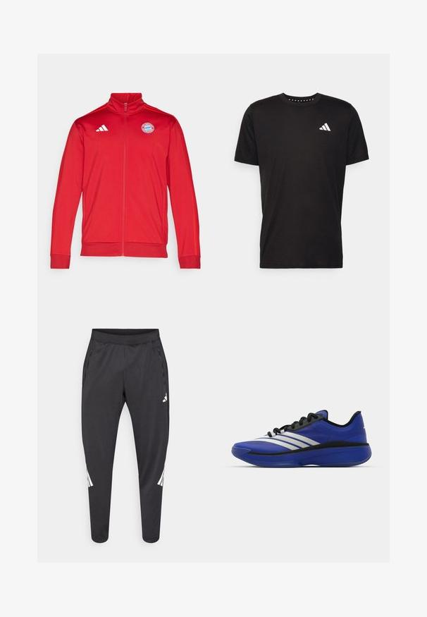 Rdeča atletska jakna z visokim ovratnikom, polnim zadrgo, z belim Adidasovim logotipom in emblemom Bayerna Munic. Gladka tekstura in prilagojen dizajn.; Črna bombažna majica s kratkimi rokavi, okroglim izrezom in belim logotipom na levem prsnem predelu. Gladka tekstura in preprost dizajn.; Črne športne hlače z zoženimi hlačnicami, elastnim pasom, stranskimi žepi ter belim logotipom in črtami. Narejene iz gladkega, lahkega materiala.; adidas Performance ADIZERO SELECT 3.0 - Košarkarski copati - lucid blue/core black/metallic