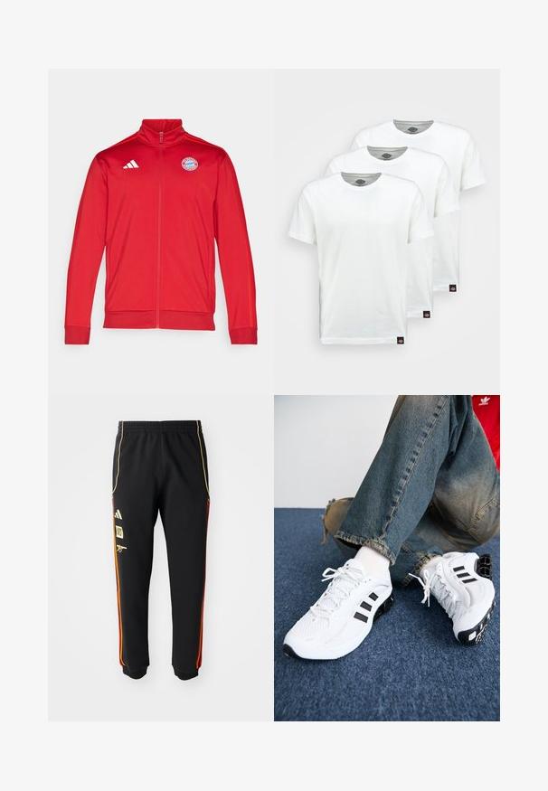 Chaqueta deportiva roja con cuello alto, cremallera completa, con el logo blanco de Adidas y el emblema del Bayern de Múnich. Textura suave y diseño ajustado.; Tres camisetas de algodón blanco liso con mangas cortas. Cada camiseta tiene un escote redondo y una pequeña etiqueta de logo negra en el lado izquierdo.; Pantalones deportivos negros con cintura elástica, rayas laterales doradas y rojas, y logotipos amarillos en el muslo izquierdo.; Zapatillas deportivas de malla blanca con acentos en negro, que presentan un diseño texturizado y una suela distintiva, combinadas con jeans de mezclilla azul.