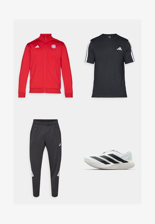 Crvena atletska jakna s visokim ovratnikom, punim zatvaračem, s bijelim Adidas logotipom i emblemu Bayerna iz Münchena. Glatka tekstura i prilagođen dizajn.; Crna majica od pamuka s kratkim rukavima, koja ima bijele pruge na ramenima i bijeli logo na lijevoj strani prsiju.; Crne sportske hlače suženih nogavica, s elastičnim pojasom, bočnim džepovima te bijelim logom i prugama kao detaljima. Izrađene od glatkog, laganog materijala.; Lagane tenisice za trčanje u svijetloplavoj boji s crnim trakama. Imaju glatku gornju površinu, okrugli vrh i debeli bijeli srednji sloj označen "LIGHTSTRIKE PRO."