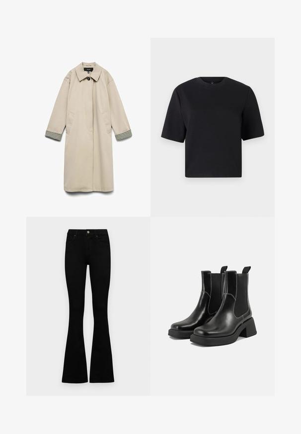 Beige frakke med en bred krave, to sidelommer og ternede sort-hvide accenter ved ærmerne. Glat, let stof.; Sort kortærmet t-shirt, rund halsudskæring, lavet af glat bomuldsstof; afslappet pasform, minimalistisk design, ingen synlige mønstre eller detaljer.; Sorte højtaljede jeans med knap- og lynlåslukning, forlommer og flagrende ben, lagt fladt på en hvid baggrund.; Sorte læder Chelsea-støvler med en kraftig hæl, elastiske sidepaneler og kontrastfarvet hvid syning. Tekstureret overflade.