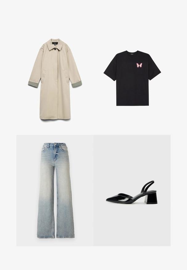 Beige frakke med en bred krave, to sidelommer og ternede sort-hvide accenter ved ærmerne. Glat, let stof.; Sort bomulds T-shirt med korte ærmer, prydet med en lille pink sommerfugl grafik på venstre bryst. Rund hals design med en afslappet pasform.; Lyseblå vid jeans lavet af denim, med høj talje, fem lommer og synlige sømme langs sømmene.; Sorte patentlæder slingback hæle med spids tå og en geometrisk blok hæl. Har et elegant, minimalistisk design og en glat tekstur.