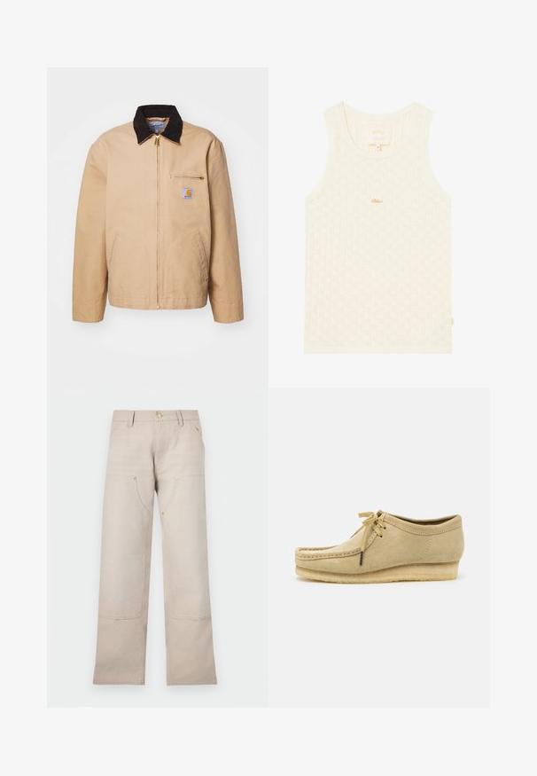 Beżowa kurtka z brązowym kołnierzem z sztruksu, złotym zamkiem błyskawicznym i kieszenią z przodu z naszywką logo. Wykonana z trwałego materiału.; Jasno kremowy top na ramiączkach o prążkowanej teksturze z małymi wzorami w kształcie diamentu. Posiada okrągły dekolt oraz subtelne złote logo.; Beżowe bawełniane spodnie o prostym kroju, z dwoma przednimi kieszeniami i dwoma zamkami. Złote akcenty metalowe.; Beżowe zamszowe buty z sznurowaniem, przeszyciami i gumową podeszwą. Kształt jest casualowy z lekkim obcasem na poziomie.