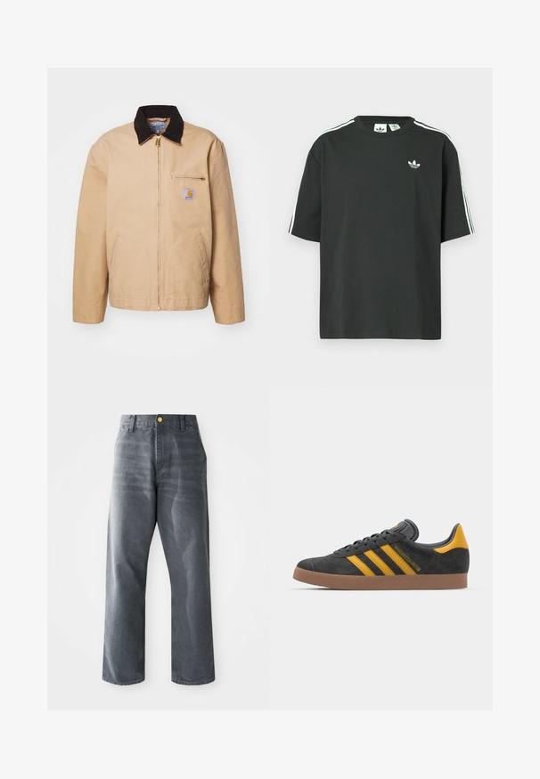 Beige színű dzseki barna kordbársony gallérral, arany cipzárral és egy elülső zsebbel, amelyen logó címke található. Tartós anyagból készült.; Fekete pamutpóló rövid ujjakkal, kerek nyakkivágással és fehér háromcsíkos mintázattal a vállakon. A mellrészen kis fehér logó található.; Laza szabású férfi széles lábú szürke farmernadrág, elülső zsebekkel és egyetlen látható aranygombbal a derékrészen.; Fekete velúrbőr sportcipő sárga díszítéssel, három csíkkal és barna gumitalppal. Párnázott nyelvével a kényelem érdekében.