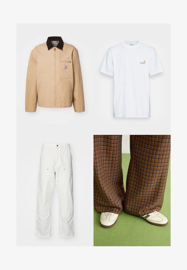 Bež jakk koos pruuni korduroo krae, kuldse tõmbluku ja esipocketiga, millel on logo paigatud. Valmistatud vastupidavast kangast.; Valge puuvillane T-särk lühikeste varrukatega. Disainitud väikese oranži ja marooni logoga vasakul rinnal. Omab klassikalist ümarat kaelust.; Valged puuvillased cargo püksid, millel on mugav lõige. Omadusteks on esikotid, kuldse riistvara aktsendid ja tugevdatud põlveosad.; Pruunide ja siniste ruuduliste laiad püksid, mille juurde on kombineeritud valged kingad mustade aktsentidega ja tekstuursete taldadega, roheline taust.
