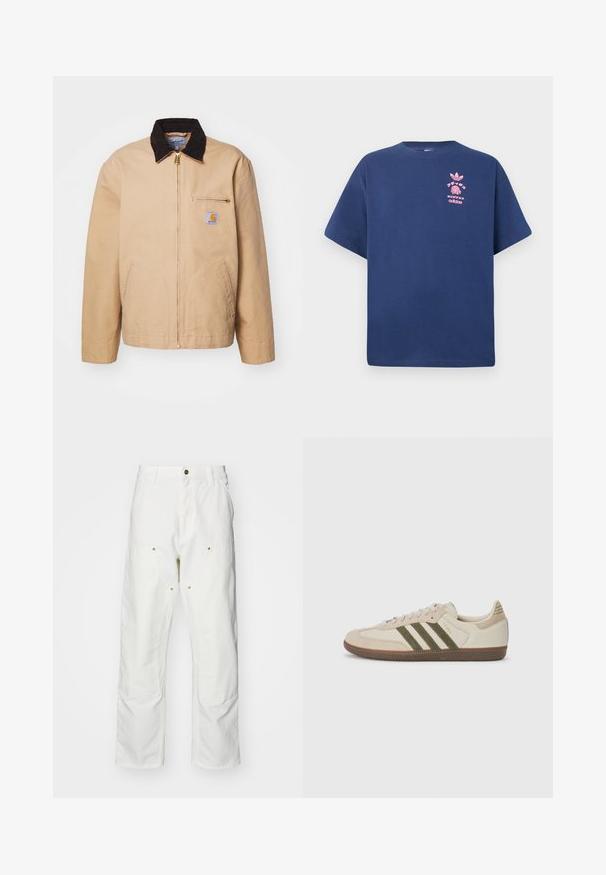 Bežna jakna z rjavim korduroj ovratnikom, zlatim zadrgo in sprednjo žepno, ki prikazuje logotip. Narejena iz trpežnega materiala.; Temno moder bombažna majica s kratkimi rokavi, okroglim ovratnikom in rožnatim grafičnim motivom, ki vključuje logo Adidas in ananas na prsih.; Bela bombažna cargo hlače z udobnim krojem. Značilnosti vključujejo sprednje žepe, zlato poudarjeno kovinsko opremo in ojačane kolenske dele.; adidas Originals SAMBA OG UNISEX - Športni copati - alumina/medium dark khaki/gum