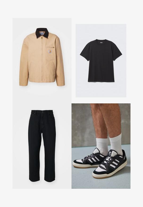 Beige jacket with a brown corduroy collar, gold zipper, and a front pocket featuring a logo patch. Made from durable fabric.; Black short-sleeve t-shirt made of cotton. Features a crew neckline and a relaxed fit. Simple design with no patterns or accents visible.; Black denim jeans featuring a straight cut, lightweight texture, five-pocket design, and a button closure at the waist.; Black and white sneakers with a suede and leather upper, featuring three white stripes, a perforated toe, and a gum rubber sole.