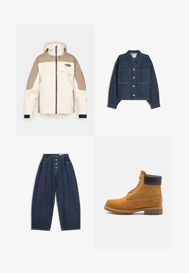 Jachetă bej și maro deschis cu glugă, cu fermoar frontal complet și mansete ajustabile cu Velcro, având un mic logo negru pe piept.; Jachetă din denim cropped de culoare albastru închis, cu guler ascuțit, două buzunare frontale și închidere cu buton argintiu. Prezintă detalii de cusătură vizibile.; Pantaloni din denim albastru închis, cu picioare largi, talie înaltă, închidere cu cinci nasturi și cinci buzunare. Prezintă accente de cusătură pe cusături.; Cizmă de gleznă din întoarsă de culoare bej, cu guler negru căptușit, ochiuri din metal auriu, detalii de cusătură albă și talpă din cauciuc robustă, cu un model pronunțat.