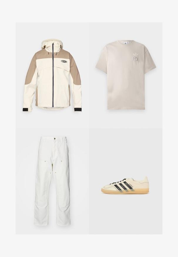 Béžová a světle hnědá bunda s kapucí, plným předním zipem a nastavitelnými suchými zipy na manžetách, s malým černým logem na hrudi.; Béžové bavlněné tričko s kulatým výstřihem, krátkými rukávy a jemným grafickým logem na levé části hrudi. Měkká textura, jednoduchý design.; Bílé bavlněné cargo kalhoty s volným střihem. Vlastnosti zahrnují přední kapsy, zlaté kovové detaily a zpevněné oblasti na kolenou.; Světle krémové tenisky s černým designem tří pruhů,Texturovaný svršek, kulatá špička a gumová podešev. Obsahují šněrování a branding po straně.