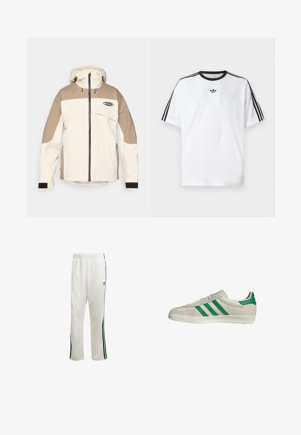 Beige en lichtbruine gewatteerde jas met een volledige ritssluiting aan de voorkant en verstelbare klittenbandmanchetten, met een klein zwart logo op de borst.; Witte T-shirt van katoen, met een zwarte ronde halslijn en drie zwarte strepen op elke schouder. Klein zwart logo op de borst.; Witte sportbroek met groene zijkanten, elastische tailleband en een logo aan de bovenkant aan de linkerkant. Gemaakt van lichtgewicht stof.; Beige sneaker met groene strepen, voorzien van een witte zool en een bovenkant van glad leer. Zijaanzicht dat de veters en het logo benadrukt.