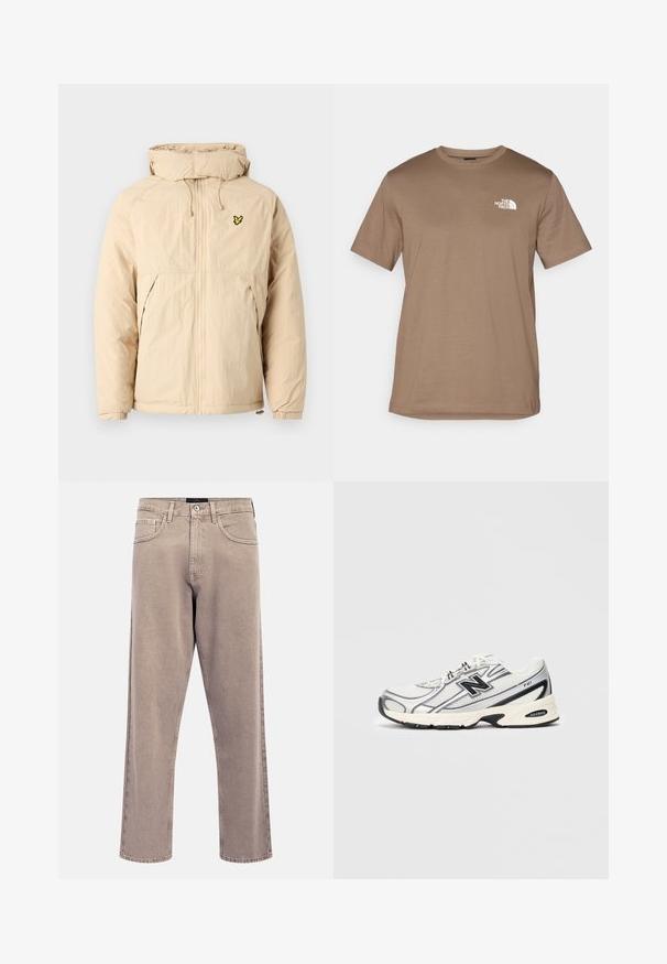 Casaco leve bege com capuz, apresentando um fecho éclair, punhos elásticos e um pequeno logótipo preto e amarelo no peito.; T-shirt castanho de manga curta, feito de algodão, com um decote redondo canelado. Apresenta um pequeno logótipo branco na área do peito esquerdo.; Calças jeans bege claro, de corte reto, com textura ligeiramente desbotada, design de cinco bolsos e fecho de botão metálico. Detalhes de costura proeminentes.; Sapatilha atlética branca e cinza com o logótipo "N" em preto, parte superior em malha, sola acolchoada e design com atacadores, apresentada sobre um fundo cinza claro liso.