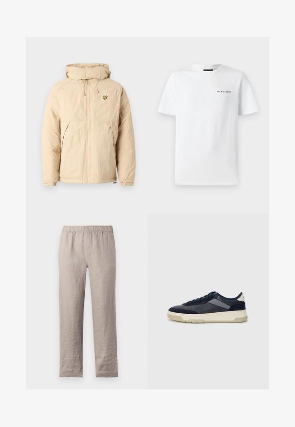 Bēšs viegls džemperis ar kapuci, ar rāvējslēdzēju, elastīgiem aprocēm un mazu melnu un dzeltenu logotipu uz krūšu.; Balts kokvilnas T-krekls ar apaļu kakla izgriezumu, īsām piedurknēm un melnu "LYLE & SCOTT" tekstu uz kreisās krūtis.; Gai smilšu krāsas lina bikses ar elastīgu jostasvietu, taisna kāju dizains un bez redzamām kabatām. Gluda tekstūra ar nelielām krokām.; BOSS BALTIMORE - Sporta apavi - open blue
