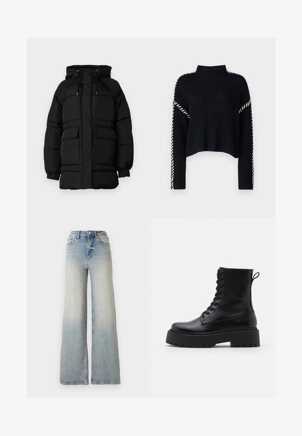 Giubbotto imbottito nero con cappuccio, cordini regolabili, due tasche frontali e una finitura testurizzata. Progettato per calore e comfort.; Vero Moda VMNEWCREAM FUNNELNECK PULLOVER - Maglione - black/birch; Jeans ampi di colore blu chiaro in denim, con vita alta, cinque tasche e cuciture visibili lungo le cuciture.; Stivaletti in pelle nera alla caviglia con punta rotonda, lace-up frontale e suola in gomma spessa con battistrada textured. Tassello sul retro.