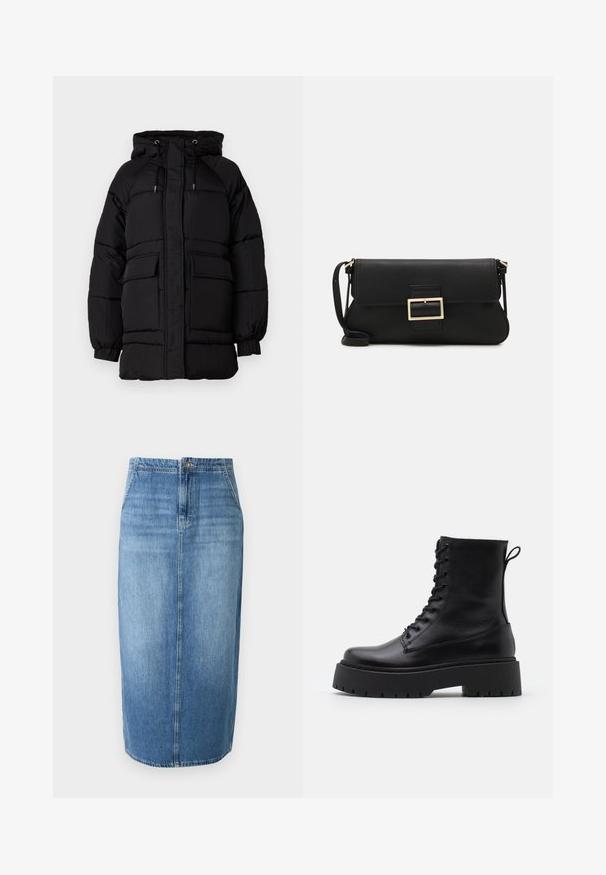 Zwarte gewatteerde jas met een capuchon, verstelbare trekkoorden, twee voorzakken en een gestructureerde afwerking. Ontworpen voor warmte en comfort.; JDY JDYDINEA L/S REVERSIBLE - Trui - fern; Lichtblauwe denim kokerrok met een rechte snit, voor sluiting met knopen en subtiele vervaging. De zoomlijn ligt net boven de knie.; Zwarte leren enkelboots met een ronde neus, vetersluiting aan de voorkant en een dikke rubberen zool met een gestructureerd profiel. Trekbandje aan de achterkant.; Zwarte leren clutch met een klep en een gouden metalen sluiting. Inclusief een zwarte schouderband en een slank, minimalistisch ontwerp.
