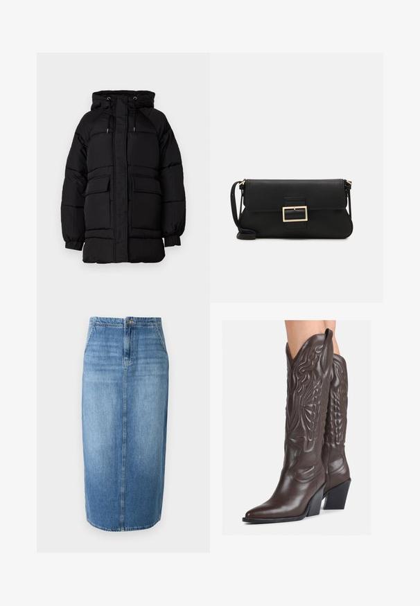 Black padded jacket featuring a hood, adjustable drawstrings, two front pockets, and a textured finish. Designed for warmth and comfort.; JDY JDYDINEA L/S REVERSIBLE - Jumper - fern; Denim pencil skirt in light blue featuring a straight cut, front button closure, and subtle fading. Hemline is just above the knee.; Brown leather cowboy boots with pointed toe and block heel, featuring detailed stitching and raised accents on the shaft.; Black leather clutch bag with a flap and a gold metal buckle detail. Includes a black strap and a sleek, minimalist design.