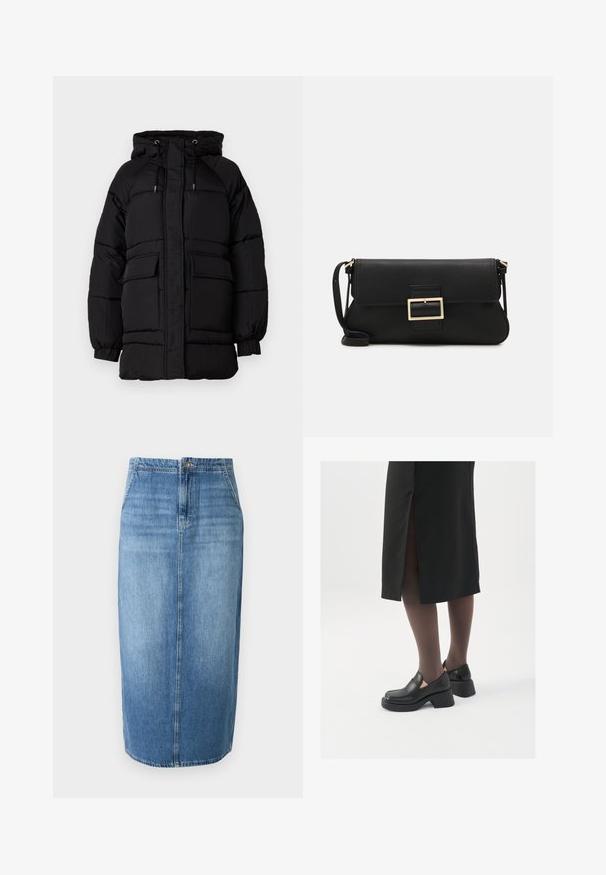 Zwarte gewatteerde jas met een capuchon, verstelbare trekkoorden, twee voorzakken en een gestructureerde afwerking. Ontworpen voor warmte en comfort.; JDY JDYDINEA L/S REVERSIBLE - Trui - fern; Lichtblauwe denim kokerrok met een rechte snit, voor sluiting met knopen en subtiele vervaging. De zoomlijn ligt net boven de knie.; Zwarte leren schoenen met een ronde neus, dikke blokhak en elastische zijkanten, gecombineerd met donkere panty's en een zwarte rok met een split.; Zwarte leren clutch met een klep en een gouden metalen sluiting. Inclusief een zwarte schouderband en een slank, minimalistisch ontwerp.