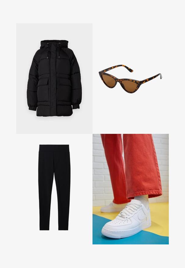 Chaqueta acolchada negra con capucha, cordones ajustables, dos bolsillos frontales y un acabado texturizado. Diseñada para calidez y comodidad.; Dos camisetas de manga larga de cuello alto, una blanca y otra negra, hechas de una tela suave y elástica, ambas con un diseño ajustado y cuellos altos.; Mallas negras elásticas con una cinturilla ancha y suave, que cuentan con una textura lisa y un corte entallado, adecuadas para diversas actividades.; Zapatilla de cuero blanco con caja de dedos perforada, suela texturizada y cordones blancos, combinada con pantalones rojos amplios y un fondo azul y amarillo.; Gafas de sol estilo ojo de gato con montura de carey negra y naranja, lentes marrones y puntas elegantes y afiladas. Presenta un logo minimalista en la patilla.