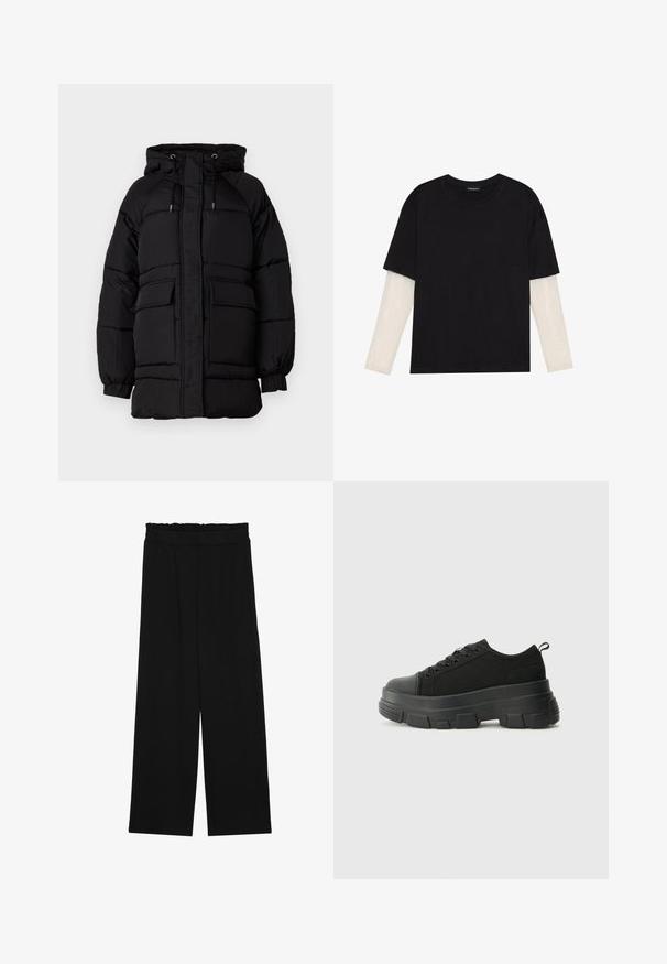 Zwarte gewatteerde jas met een capuchon, verstelbare trekkoorden, twee voorzakken en een gestructureerde afwerking. Ontworpen voor warmte en comfort.; Zwarte T-shirt van katoen, met korte mouwen over een witte lange mouw laag met een subtiel textuurpatroon. Ronde hals ontwerp.; Zwarte wijde broek met een gerimpelde tailleband, voorzien van twee zijzakken en een soepele, lichte stof. Geen zichtbare patronen of hardware.; Zwarte sneakers met een stevige rubberen zool, textiel bovenwerk, ronde neus en vetersluiting. Beschikt over versterkte oogjes en een trekstrip aan de achterkant.