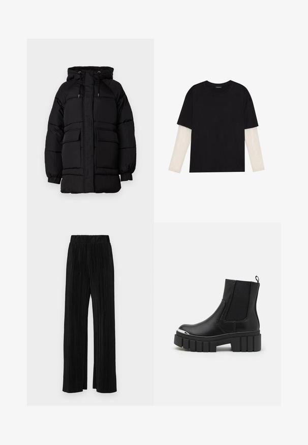 Czarna pikowana kurtka z kapturem, regulowanymi sznurkami, dwoma przednimi kieszeniami i fakturowanym wykończeniem. Zaprojektowana z myślą o ciepłu i komforcie.; Czarny T-shirt wykonany z bawełny, z krótkimi rękawami na białej warstwie z długim rękawem z delikatnym teksturowanym wzorem. Projekt z okrągłym dekoltem.; Czarne spodnie plisowane z elastycznym paskiem w talii. Posiadają szerokie nogawki oraz gładki, teksturowany materiał z pionowymi paskami.; Czarne botki za kostkę wykonane z gładkiej skóry, z elastycznymi panelami, grubą podeszwą platformową i metaliczną czubkiem.