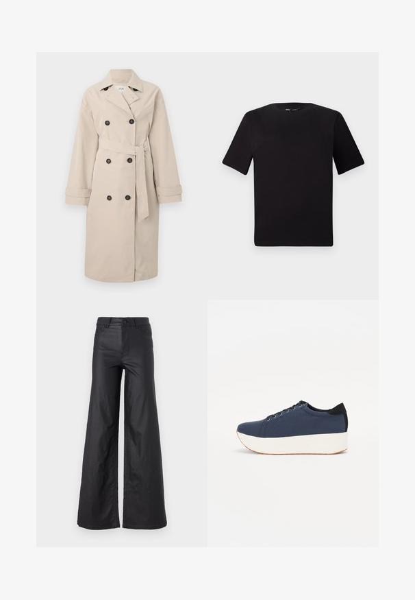 Beige trench coat with double-breasted front and black buttons. Features wide lapels, a belted waist, and long sleeves with cuff detailing.; Black short-sleeve t-shirt with a round neckline, crafted from soft cotton fabric. Simple design, no visible logos or patterns.; Black, wide-leg pants in a faux leather material. Features a high waist, belt loops, two front pockets, and stitched detailing.; Navy blue sneaker with a textured fabric upper, white platform sole, rounded toe, and black heel accent. Features six eyelets for laces.