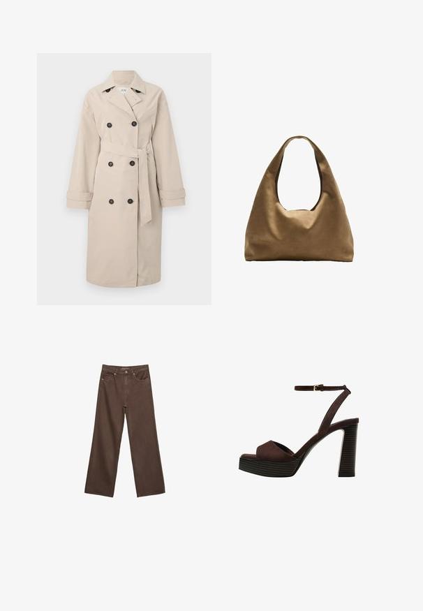 Béžový trenčkot s dvojradovým zapínaním a čiernymi gombíkmi. Má široké klopové výstrihy, opasok v oblasti pásu a dlhé rukávy s detailami na manžetách.; Hnedé tričko s krátkym rukávom vyrobené z jemného materiálu, s okrúhlym výstrihom a voľným strihom. Žiadne viditeľné vzory ani akcenty.; Džínsy s širokými nohavicami v hnedej farbe, vyrobené z denimu, so zvýšeným pásom, prednými vreckami a klasickým zapínaním na gombík. Hladká textúra s jemným prešívaním.; Hnedé semišové sandále na vysokom podpätku s otvorenou špičkou, nastaviteľným členkovým remienkom a pruhovanou platformovou podrážkou.; Hnedá látková taška cez rameno s širokým, zaobleným telom a veľkým vyrezaným uchom. Mäkčená textúra, minimalistický dizajn a bez viditeľného kovania.