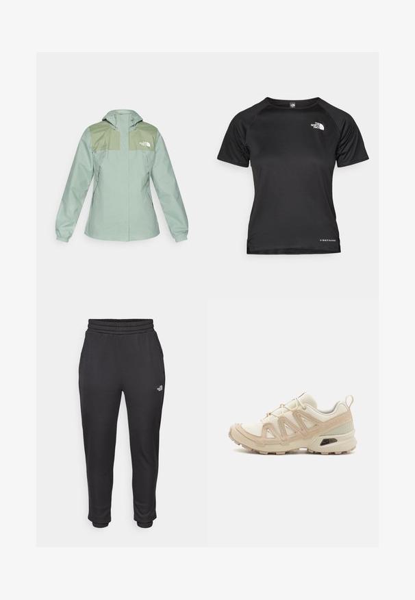 Vandens nepraleidžiantis šviesiai žalias striukė su kapišonu, turinti tamsiai žalias pečių dalis, elastingus rankogalius ir užtrauktuku užsegamas šonines kišenes.; Juoda trumpomis rankovėmis sportinė marškinėliai, pagaminti iš lengvos medžiagos. Turi apvalią kaklą, tekstūruotą raštą ir baltą logotipą kairiajame krūtinės viršuje.; Juodos sportinės kelnės su elastinga juosmeniu ir rankogaliais, pagamintos iš minkštos medžiagos, su šoninėmis kišenėmis ir logotipu kairėje šlaunoje.; Bežinės ir kreminės spalvos sportinės bateliai su tekstūruoto tinklelio viršutine dalimi, palaikančiomis detalėmis ir guminiais padais, turinčiais raštą, užtikrinantį sukibimą.