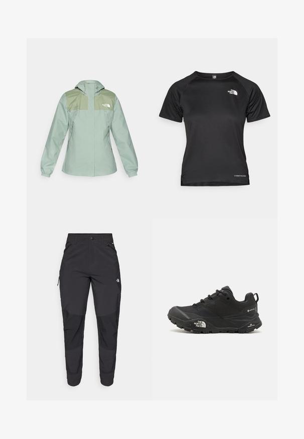 Vattentålig ljusgrön jacka med huva, som har mörkgröna axelpanele, elastiska manschetter och fickor med dragkedja på sidan.; Svart kortärmad träningströja i lättviktsmaterial. Har rund hals, strukturerat mönster och en vit logotyp på övre vänstra bröstet.; Svarta utomhusbyxor gjorda av slitstarkt material. Har fickor med dragkedja, förstärkta knäpaneler och en rak skärning för rörlighet.; Svart vandringsskor med en texturerad övre del, snörning och en kraftig gummisula som har en framträdande logotyp på sidan och mönster i sulan.