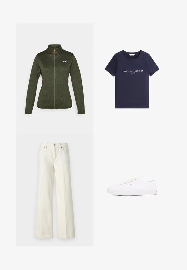 Chaqueta de forro polar verde oscuro con cuello alto, cremallera frontal, dos bolsillos laterales y detalle de logo blanco. Presenta tiradores de cremallera en naranja contrastante.; Camiseta de manga corta azul marino con cuello redondo y texto y logo blancos "Tommy Hilfiger EST. 1985" en el frente.; Jeans blancos de pierna ancha hechos de una mezcla de algodón. Cuentan con una cremallera en la bragueta, diseño de cinco bolsillos y costuras a lo largo de las costuras.; Zapatillas de lona blancas con ojales dorados, cordones planos, suela de goma texturizada y un branding mínimo en el lateral. Diseño de perfil bajo.