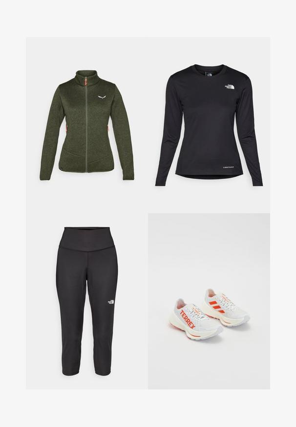 Tume roheline fliisjakk kõrge kaelusega, esimesel tõmblukku, kahe küljetaskuga ja valge logo detailiga. Omab kontrastsete oranžide tõmblukukäepidemete. ; The North Face SHADOW LONG SLEEVE - Pikkade varrukatega topp - black; Mustad mustad capri retuusid on valmistatud elastsetest kangast, millel on kõrge vöökoht ja väike valge logo vasakul küljel. Sile tekstuur.; Valged jooksujalatsid oranžide aktsentidega. Võrgumaterjal, ümar varvas ja paks vahevaip. "TERREX" on trükitud külg poole ja kolm triipu kannal.