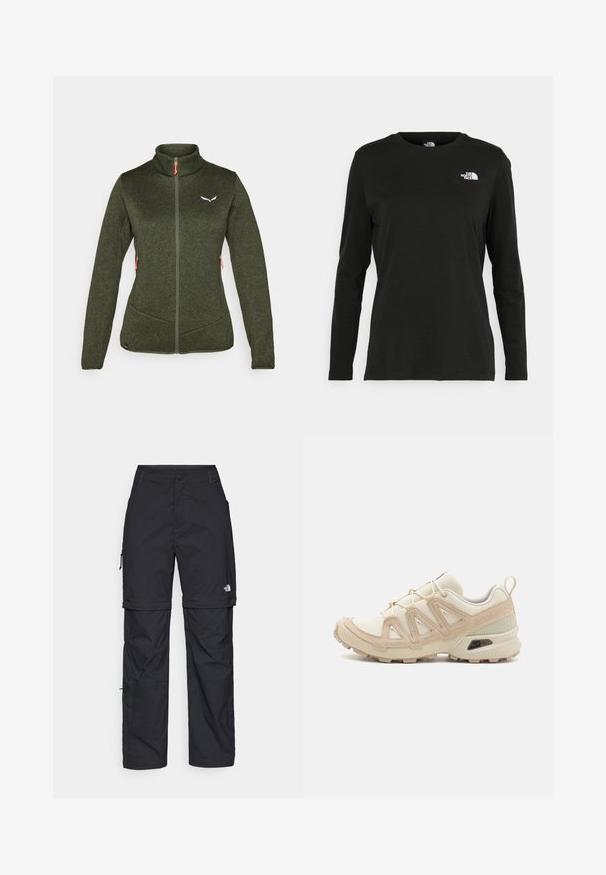 Tamsiai žalia pūkinė striukė su aukšta apykakle, priekyje užtrauktukas, dvi šoninės kišenės ir baltas logotipo akcentas. Pabrėžia kontrastingi oranžiniai užtrauktuko vilkimo dirželiai.; Juodas ilgomis rankovėmis medvilninis marškinėliai su apvali apykakle. Savybė - mažas baltas logotipas kairėje krūtinės pusėje. Paprastas dizainas ir pritaikymas.; Juodos nailoninės krovinių kelnės su reguliuojamais rankovėmis, daugybe kišenių ir logo ant dešinės kojos. Lygi, lengva tekstūra.; Bežinės ir kreminės spalvos sportinės bateliai su tekstūruoto tinklelio viršutine dalimi, palaikančiomis detalėmis ir guminiais padais, turinčiais raštą, užtikrinantį sukibimą.