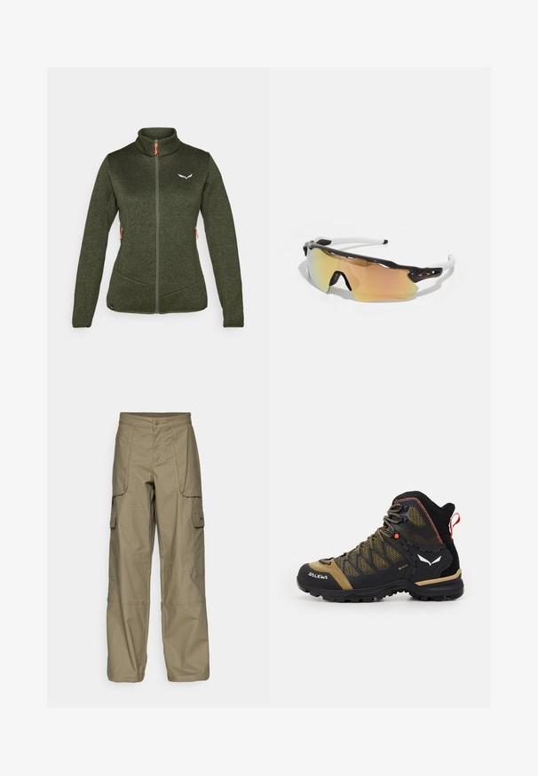 Tamnozeleni polar jakna s visokim ovratnikom, prednjim zatvaračem, dva bočna džepa i bijelim detaljima s logom. Sadrži kontrastne narančaste povlače za zatvarač.; Crna pamučna majica s okruglim izrezom i kratkim rukavima. Istaknuti bijeli logo na gornjoj lijevoj strani. Glatka tekstura, ležeran kroj.; Olive zelene cargo hlače, izrađene od tkanine, s širokim krojem, višestrukim bočnim džepovima i kopčanjem na dugme u struku. Glatka tekstura.; Srednje visoka planinarska cipela u crnoj i maslinastoj zelenoj boji, s mrežastim gornjim dijelom, gumenim potplatom i teksturiranim detaljima te stražnjim trakama za povlačenje.; Naočale za sunce s crno-bijelim okvirom, velikim zrcalnim lećama u zlatnim i ružičastim nijansama, aerodinamičnim dizajnom i produženim vanjskim rubom.