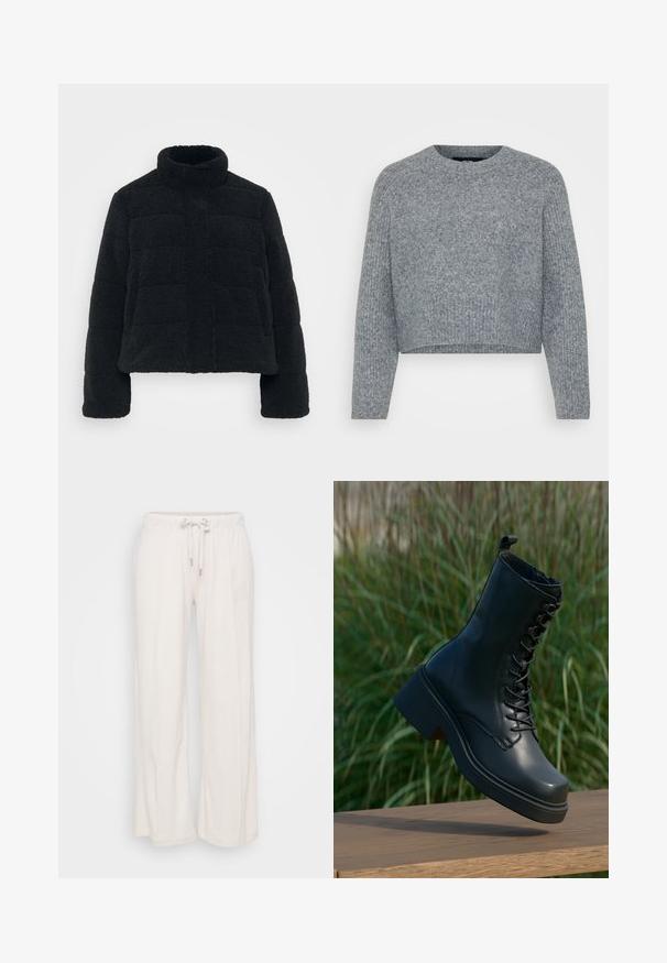 Schwarze, kurz geschnittene Jacke aus plüschigem, strukturiertem Stoff mit hohem Kragen und gepolsterter Verarbeitung. Verfügt über lange Ärmel und einen Reißverschluss vorne.; Grauer, verkürzter Pullover aus strukturiertem Strick, mit rundem Halsausschnitt und langen Ärmeln. Das Material wirkt weich und warm.; Helles, beiges, weites Beinzeug mit einem elastischen Bund und Kordelzug. Hergestellt aus weichem Material mit vertikalen Nähten, die an der Vorderseite verlaufen.; Schwarze Lederknöchelstiefel mit runder Zehenpartie, Schnürung an der Vorderseite und dickem, klobigem Absatz. Verfügt über detaillierte Nähte und eine glatte Oberflächenstruktur.