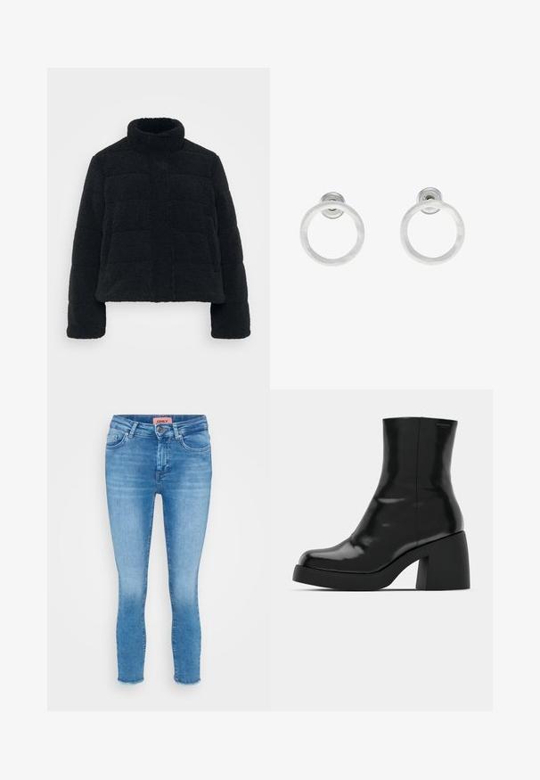 Black, cropped jacket made of plush, textured fabric with a high collar and padded design. Features long sleeves and a front zip closure.; Three long-sleeve crop tops stacked, colors white, beige, and muted teal, with round necklines on a light gray background.; Light blue denim skinny jeans with a mid-rise waist, five-pocket design, and raw hem detail at the ankles. Brand label visible at the waist.; Black ankle boots with a glossy finish, square toe, and a thick block heel. The design features a seamless silhouette and minimal branding.; Silver metal hoop earrings with a brushed texture, featuring a circular design and a clear post back for secure wear.