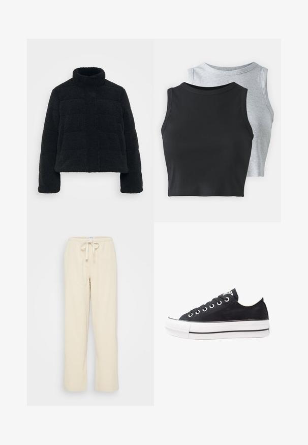 Melnā, iegriezta jaka, kas izgatavota no pūkaina, teksturēta auduma ar augstu apkakli un polsterētu dizainu. Iezīmes garas piedurknes un priekšējā rāvējslēdzēja aizdare.; Even&Odd Petite 2 PACK - Tops - light grey/black; Even&Odd Petite Auduma bikses - beige; Melnas kanvas kedas ar baltu gumijas zoli, apaļi purngali, zema dizaina, metāla acu caurumi un teksturēts purngals. Plāna melna svītra gar zoli.