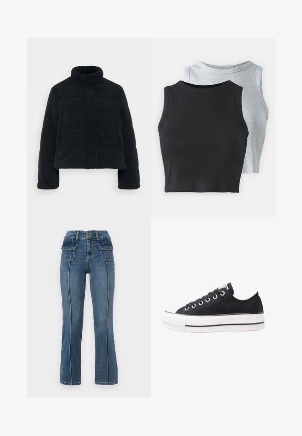 Jachetă neagră, scurtă, dintr-un material pufos și texturat, cu guler înalt și un design căptușit. Prezintă mâneci lungi și un închidere cu fermoar frontal.; Even&Odd Petite 2 PACK - Top - light grey/black; ONLY Petite ONLWAUW MID WAIST FLARED - Blugi evazați - medium blue denim; Tenisi negri din pânză cu talpă din cauciuc alb, vârf rotund, design joas, ochiuri metalice și capac texturat la vârf. Dungi subțiri negre de-a lungul tălpii.