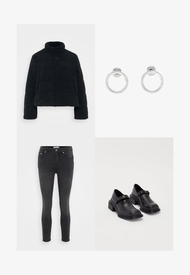Černá zkrácená bunda z huňaté, strukturované tkaniny s vysokým límcem a polstrovaným designem. Má dlouhé rukávy a přední zipové zapínání.; Even&Odd Petite 2 PACK - Top - light grey/black; Černé skinny džíny vyrobené z džínoviny. Mají přední zapínání na knoflík a zipovou kapsu v pase. Hladký povrch s minimálním opotřebením.; Černé kožené boty s kulatou špičkou, plochou podrážkou a páskem s detaily s přezkou. Masivní blokový podpatek pro zvýšenou stabilitu.; Stříbrné kovové kruhové náušnice s broušenou texturní úpravou, s kulatým designem a průhledným záznamem pro bezpečné nošení.